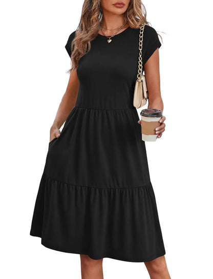 Women Cap Sleeve Casual Tiered Swing Dress Floral Print Summer Beach Vacation Dress
