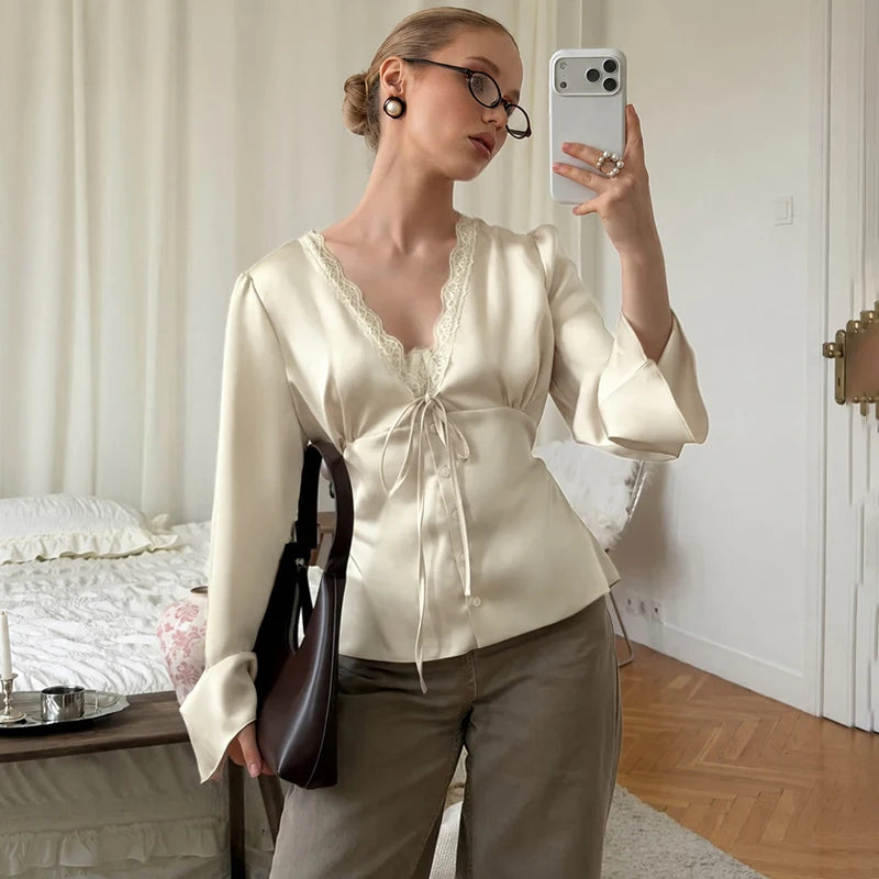 Tornova Elegant Satin Lace T Shirt Women's Long Sleeve Casual V Neck Lace Up Top Fashion Single Breasted Female Commute T Shirt