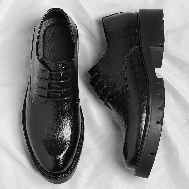 Men's Thick-Soled Low-Cut Business Formal Leather Shoes With Lace-Up Height Increase Groom's Wedding Shoes With Suit Shoes
