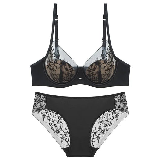 Luxury Women Lingerie Set Sexy Lace Embroidery Underwear French Thin Cup Push Up Bra Summer Mesh Breathable Intimates Bra Sets