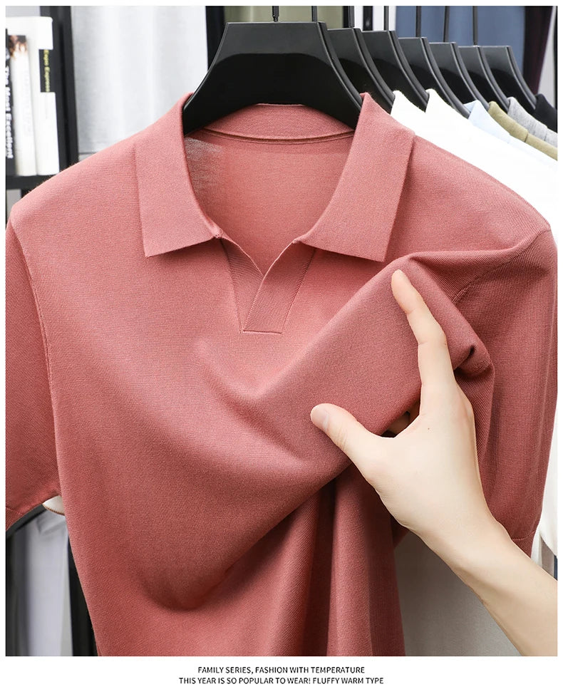100%  Lyocell Knitwear 2025 Men Spring Summer Trendy Turn Down Collar Knit Tees Short Sleeve Breathable Knit Tops