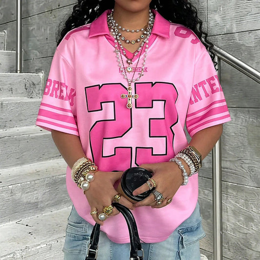 Summer Women's New No.8 Oversized Short sleeved T-shirt Street Y2K Fashion Leisure Sports Jersey Men Letter Printed Polo Shirt