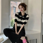 POLO Hollow Out Breathable Short Sleeve T Shirt Knit Striped Crop Top Aesthetic Clothing Summer Blouses For Women