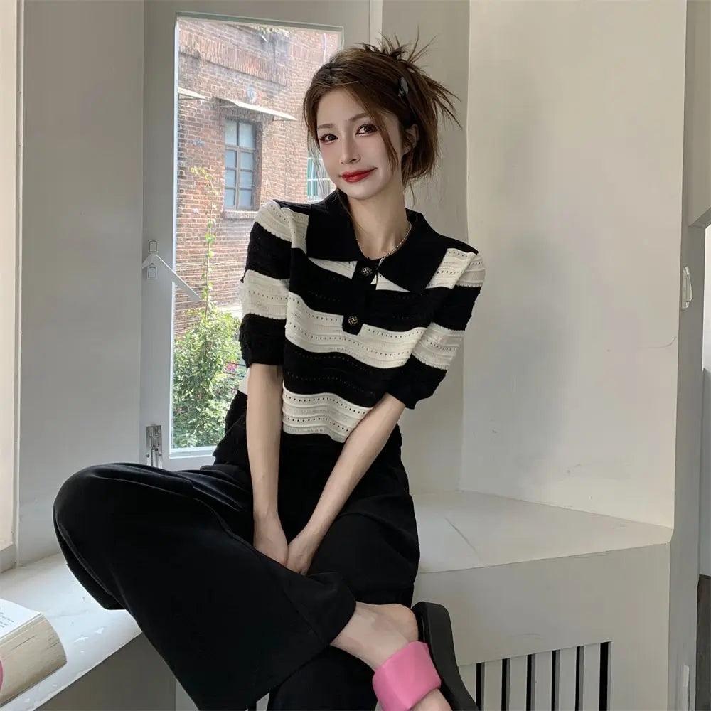 POLO Hollow Out Breathable Short Sleeve T Shirt Knit Striped Crop Top Aesthetic Clothing Summer Blouses For Women