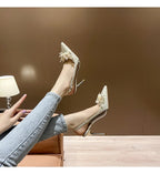 French Bride Gold Wedding Shoes spring women Thin Heel Pointed Shallow Mouth Flower Rhinodrill High Heels  Fashion Sandals