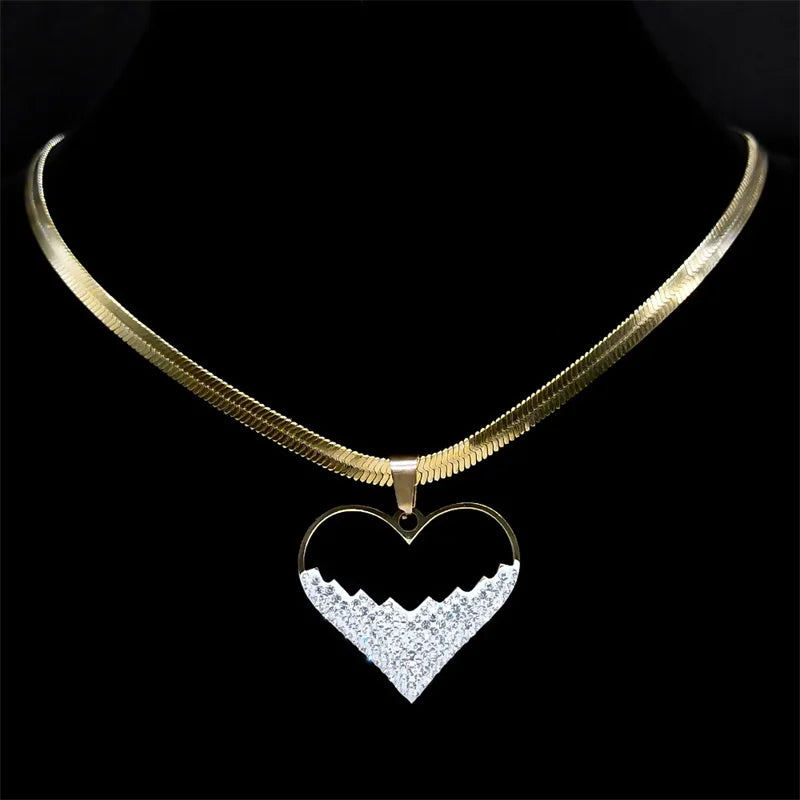 Crystal Love Heart Pendant Necklace Choker for Women Stainless Steel Gold Color Blade Chain Necklaces Jewelry Valentines Gifts