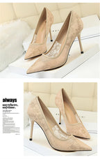 2024 Black Flower Lace Mesh Pumps Women Pointed Toe Shallow Fashion Party Single Shoes Show Thin High Heel Office Shoes
