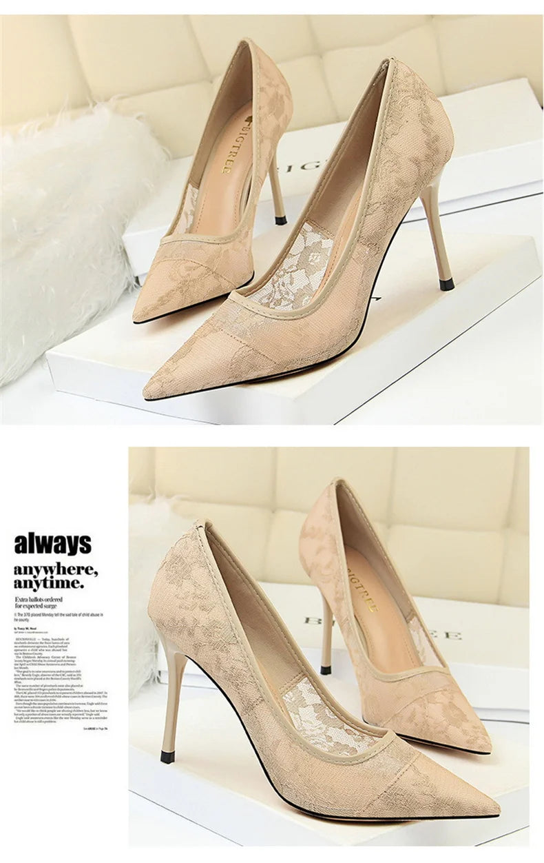 2024 Black Flower Lace Mesh Pumps Women Pointed Toe Shallow Fashion Party Single Shoes Show Thin High Heel Office Shoes