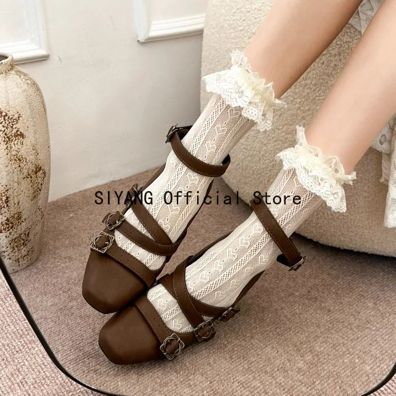 Sweet Lolita Cross Buckle Strap Women Mary Jane Shoes Fashion Multi Metal Buckle Shoes Retro Wedding Party Dress Ladies Pumps