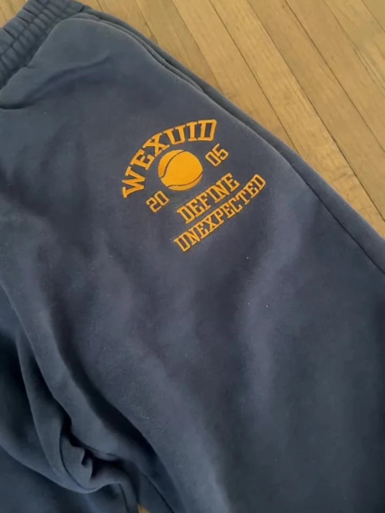 Y2K Retro Navy Sweatpants Letter Badge Embroidery Casual Pants American Trend Hip Hop Streetwear Terry Unisex Baggy Sport Pants