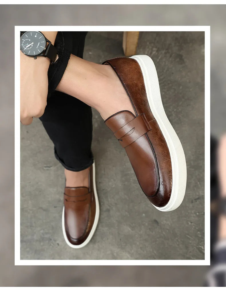 New 2025 Summer Men Casual Slip On Dress Shoes Black Brown British Style Platform Men Driving Loafers Shoes