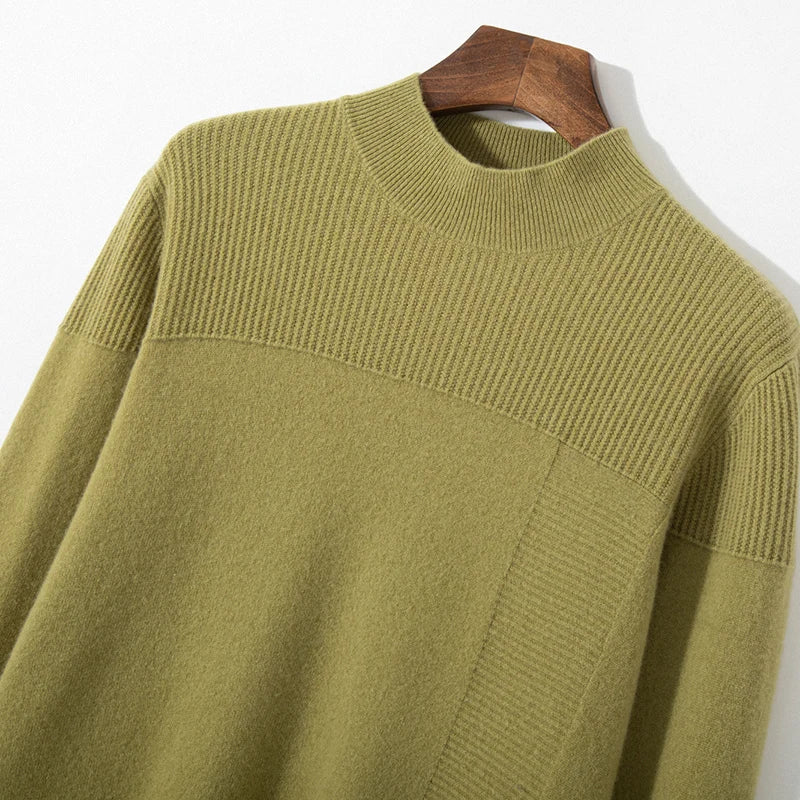 Autumn and winter new 100% pure wool men's semi-turtle neck loose knit solid color Joker casual knit bottoming shirt.