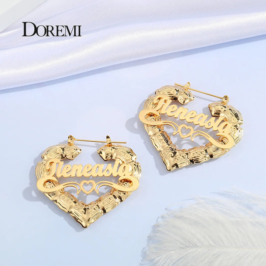 DOREMI 30-90mm Stainless Steel Bamboo Custom Heart Shape Earrings Customize Name Earrings Bamboo Style Custom Hoop Earrings Gift