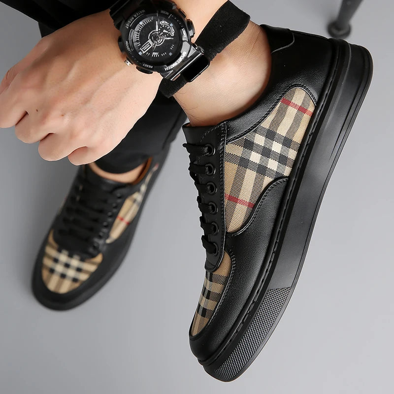 Men Classic Checkered Patchwork Thick Soled Casual Board Shoes Shock-absorbing Breathable Fashionable Commuting Street Shoes