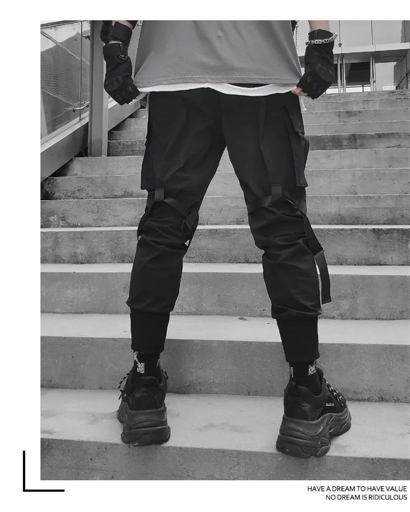 Y2K Joggers Cargo Pants For Men Casual Hip Hop Pocket Male Trousers Sweatpants Street Ribbons Techwear White Pant Pantalon Homme