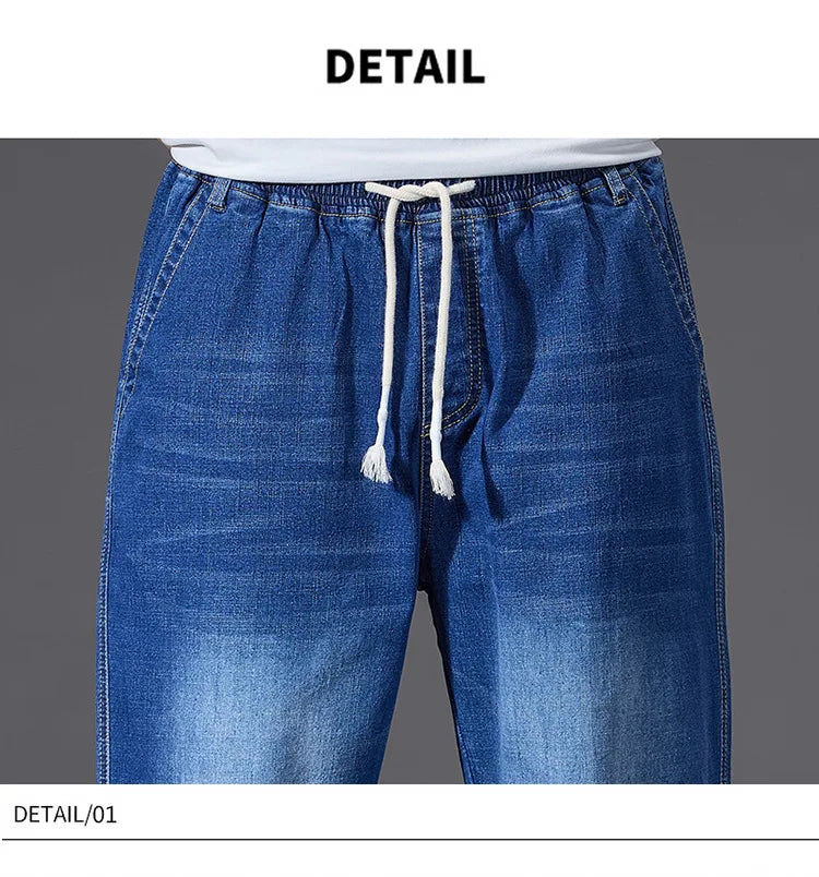 8XL Elastic Waist Men's Jeans, Loose Straight Leg Stretch Denim Pants, Plus Size Casual Streetwear, Big Size Relaxed Fit Trouser
