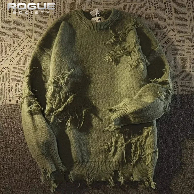 2026 Fashionable Youthful Style Men New Retro Hole Fringed SLong Sleeve Sweater Loose Versatile Sweater Autumnand y2k Streetwear