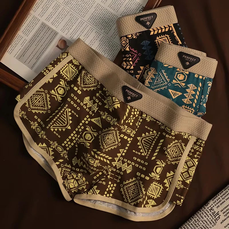 Retro Ethnic Style Men's Boxer Comfortable Briefs Design Vintage Print Elastic Underwear for Man Lingerie Mid Waist Underpants