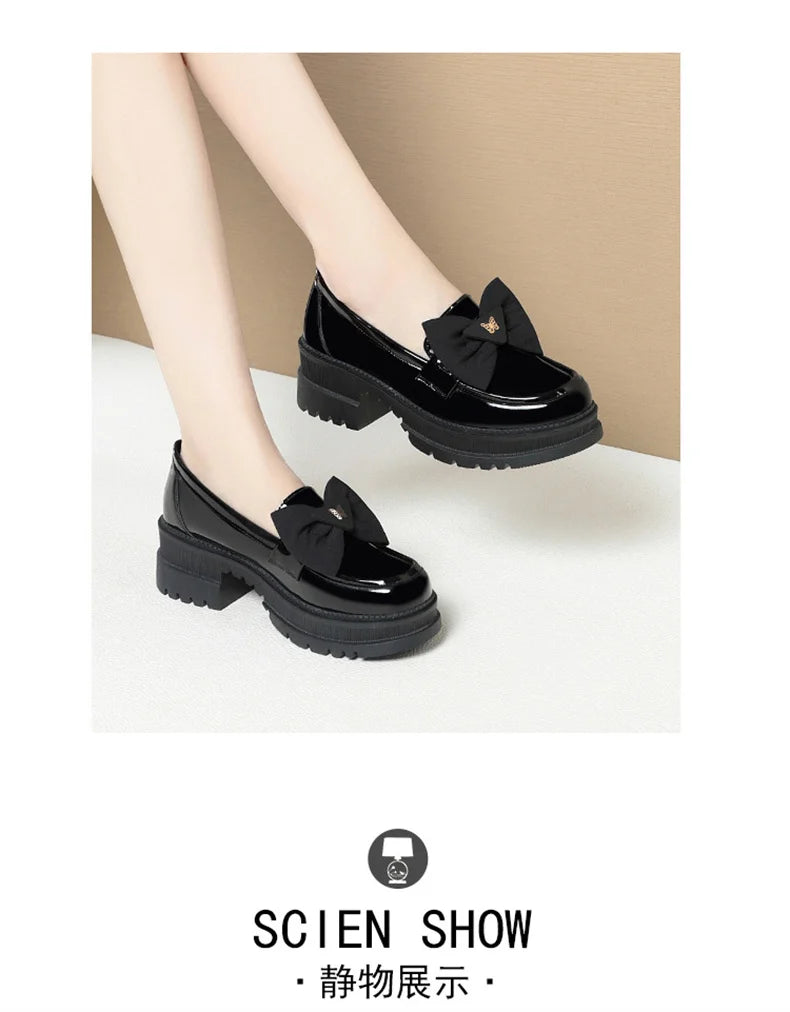 Spring Women British Style Shallow Patent Leather Black Loafers Thick Bottom Bow Platform Shoes 2024 Med Heels Single Pumps