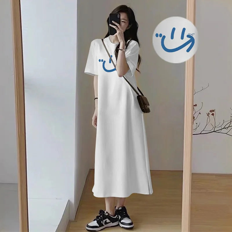 Arabic Print Side Split Long T Shirt Dress Women Loose Short Sleeve Oversized Casual Maxi Loungewear Dress