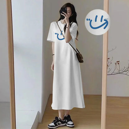 Arabic Print Side Split Long T Shirt Dress Women Loose Short Sleeve Oversized Casual Maxi Loungewear Dress