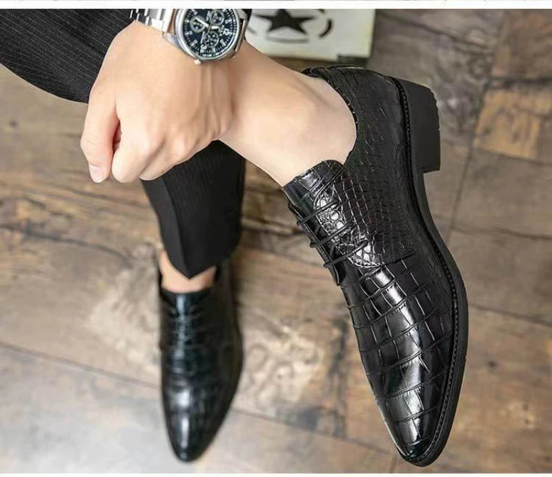 Mens Brown Crocodile Embossed Leather Dress Shoes Pointed Toe Lace Up Oxfords Formal Business Office Wedding Party Wear Comforta