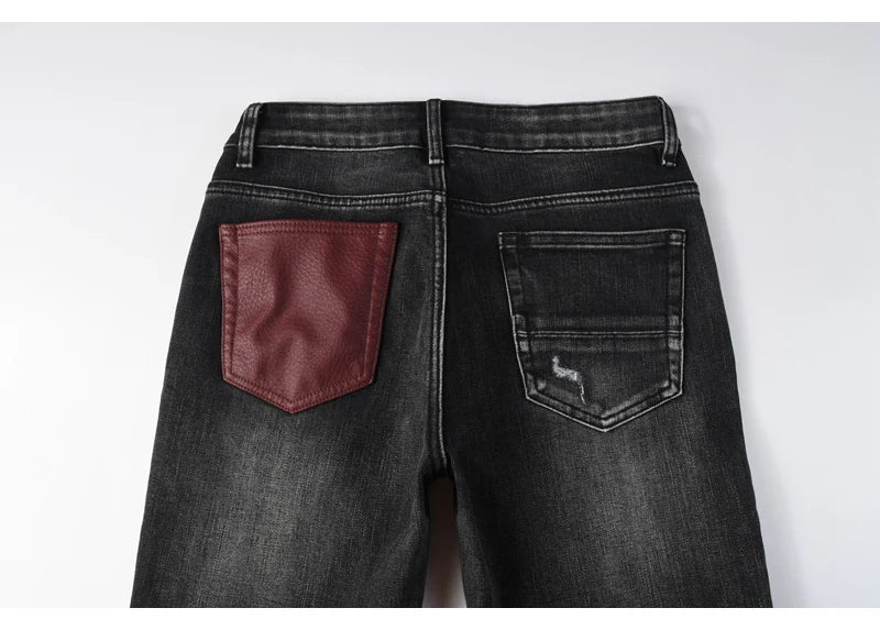 Men's Fashionable Black/Gray Jeans with Pleats Nostalgic Perforations Red Patches Washed Water High Street Style