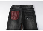 Men's Fashionable Black/Gray Jeans with Pleats Nostalgic Perforations Red Patches Washed Water High Street Style