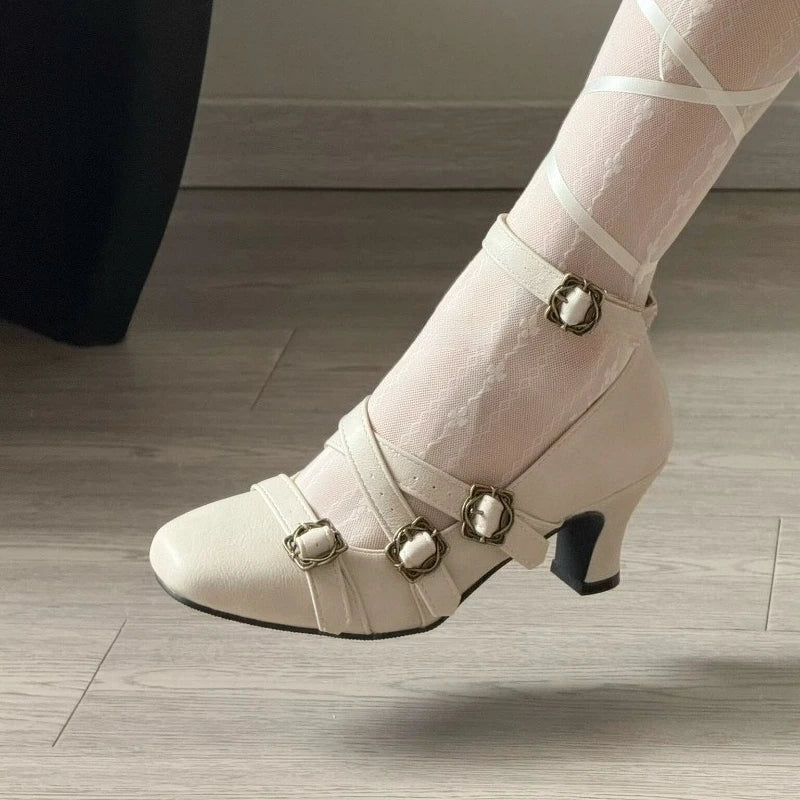 Sweet Lolita Cross Buckle Strap Women Mary Jane Shoes Fashion Multi Metal Buckle Shoes Retro Wedding Party Dress Ladies Pumps