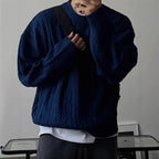 Men's Knitting Sweater 2026 Spring Autumn 0-neck Long Sleeve Knit Sweater Dark Blue Hemp Pattern Drop Shoulder Thicken Pullover