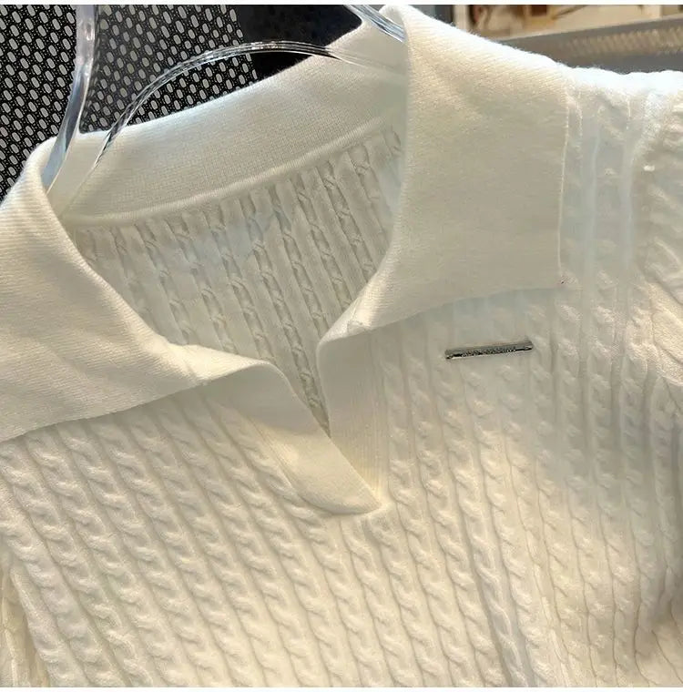 Summer Women's Polo-neck Short-sleeved Shirt Ice Silk Twist Stripe Knitting T-Shirt Thread Loose Minimalist Lapel Pullover Tees