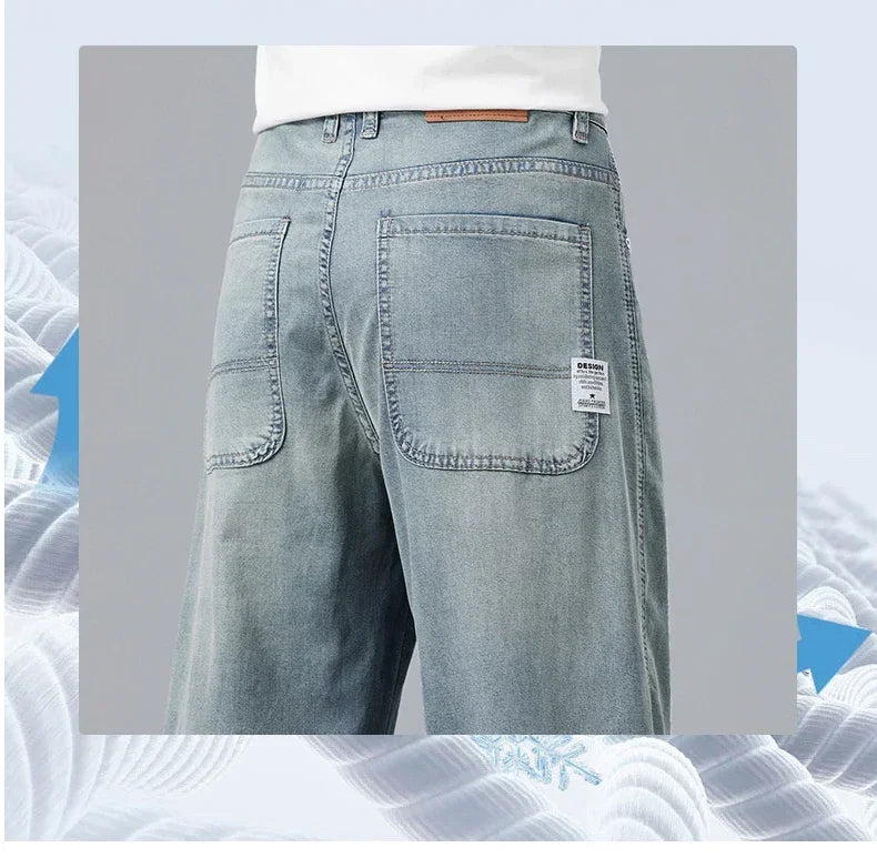 2026 New Summer Ultra-thin Lyocell Men's Jeans Drape Soft Fabric Loose Straight Casual Denim Pant Elastic Ice Silk Male Trousers