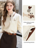 I BELIEVE YOU Polo Neck Long Sleeved T-shirt for Women Autumn 2025 Apricot Casual Tees Contrast Color Embroidery Top 2253016181