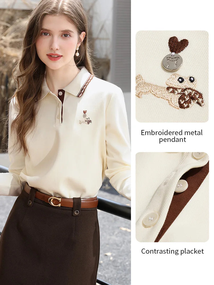 I BELIEVE YOU Polo Neck Long Sleeved T-shirt for Women Autumn 2025 Apricot Casual Tees Contrast Color Embroidery Top 2253016181