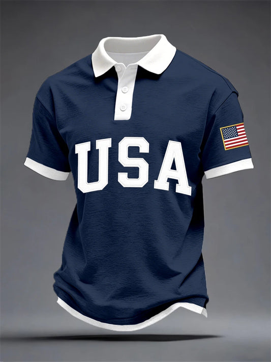 Anniversary-themed Short-Sleeve Shirt Men's Polo Shirt with National Flag Print Summer Outdoor Short-Sleeve Button-Down Shirt