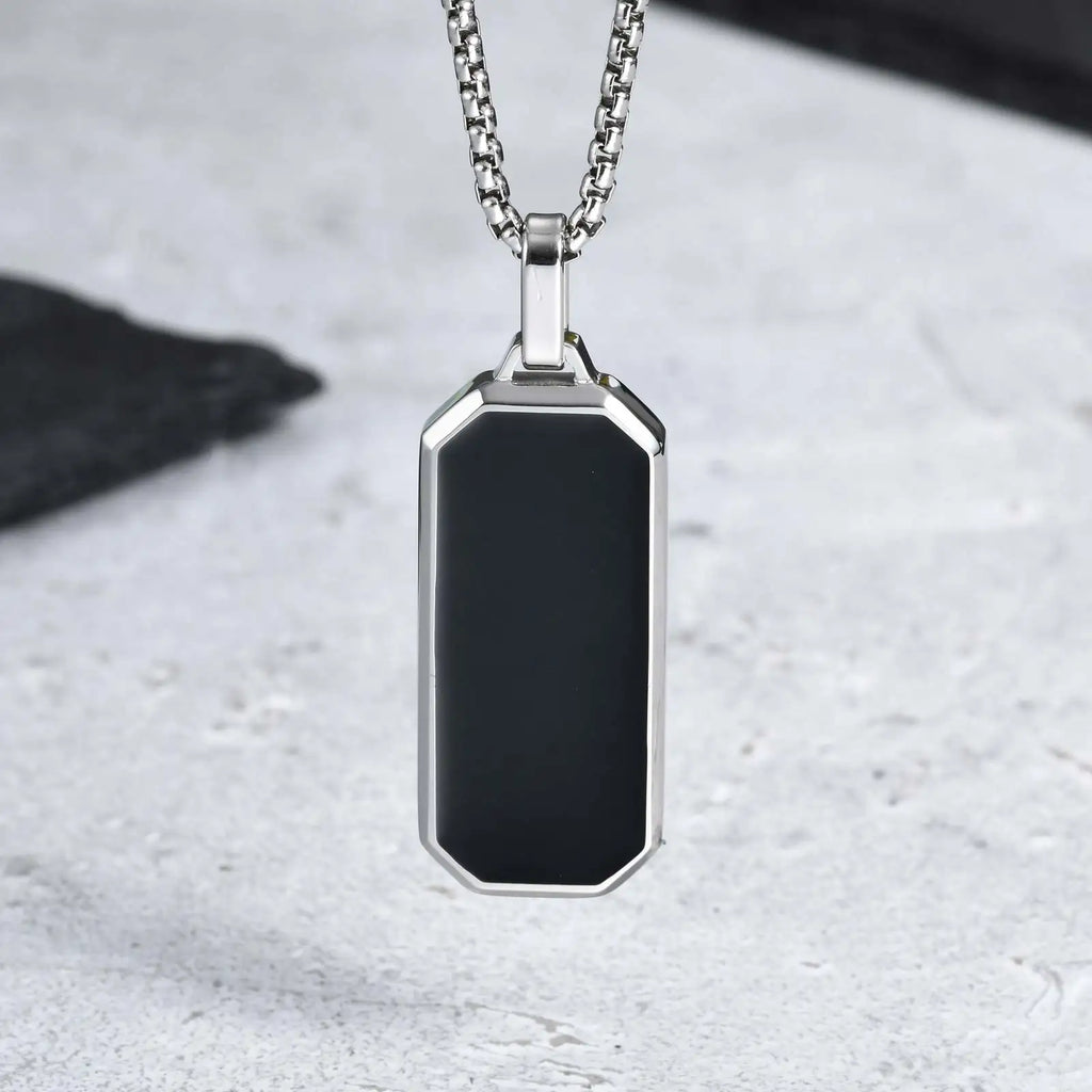 Stylish Men's Black Enamel Necklace,Stainless Steel Geometric Square Small Dogtags Necklace,Anniversary Birthday Father Gift