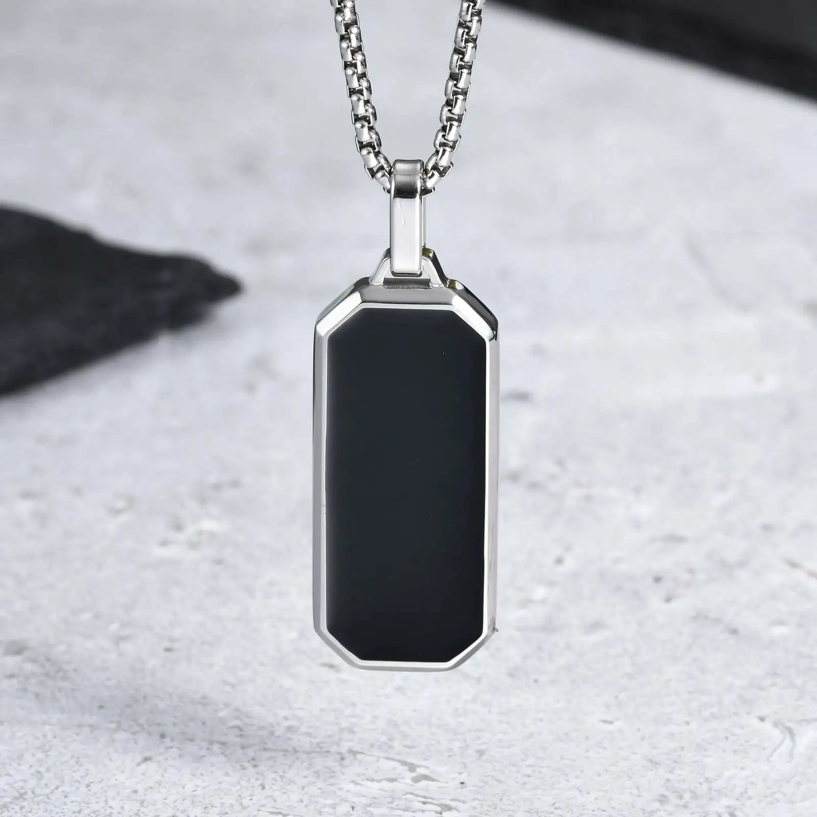Stylish Men's Black Enamel Necklace,Stainless Steel Geometric Square Small Dogtags Necklace,Anniversary Birthday Father Gift