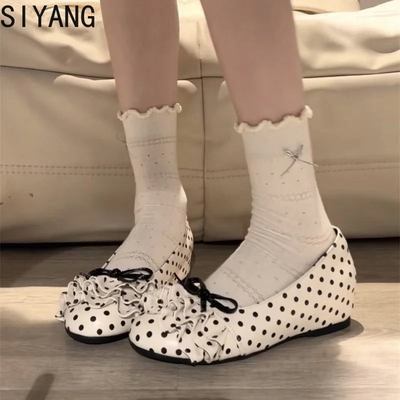 Polka Dot Mary Jane Shoes Women Sweet Ruffle Internal Elevation Shoes Ladies Soft Sole Slip On Daily Comfort Dress Footwear