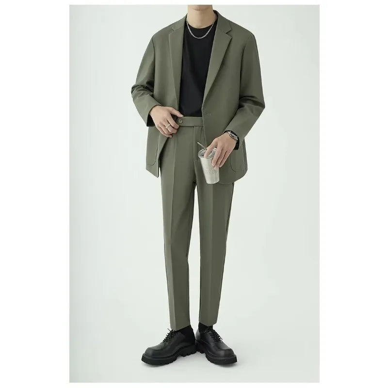 KIDWHXR Men 2-piece Outfit Loose Single-breasted Blazer Male Straight-leg Pant Man Korean Simple Solid Business Casual Suit Set
