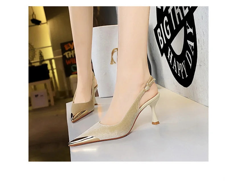 Elegant Women Green High Heel Velvet Pumps Wedding Party Slingback Sandals Metal Pointed Toe Hollow Buckle Wine Red Shoes