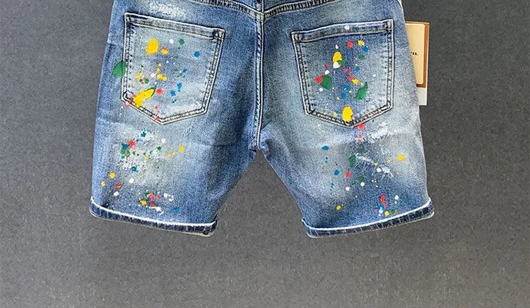 2025 Summer New Fashion Trend Printed Ripped Straight Stretch Jeans Men's Casual Loose Sports High Quality Denim Shorts 28-36