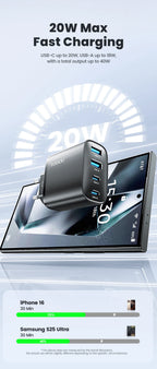 Toocki 40W GaN Fast Charger QC4.0 PD3.0 AFC SCP 4 Port USB Type C Charger for iPhone 16 15 14 Samsung S25 S24 Xiaomi Huawei OPPO