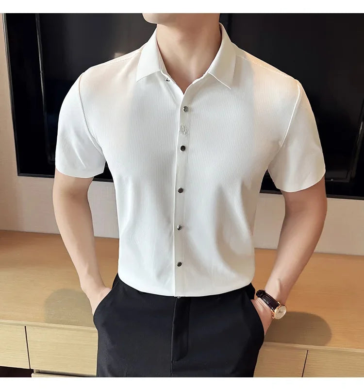 Men's White Business Casual Shirt, Fitted Striped Elastic Short-sleeved Shirt, Exquisite Embroidered Summer Formal Work Uniform.