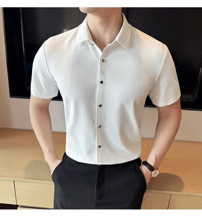 Men's White Business Casual Shirt, Fitted Striped Elastic Short-sleeved Shirt, Exquisite Embroidered Summer Formal Work Uniform.
