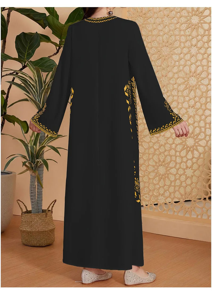 Fashion Muslim Women's Printed V-neck Robe 2025 Autumn V-neck Long Sleeve Arab Ethnic Style Printed Maxi Dress For Women Elegant