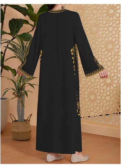 Fashion Muslim Women's Printed V-neck Robe 2025 Autumn V-neck Long Sleeve Arab Ethnic Style Printed Maxi Dress For Women Elegant