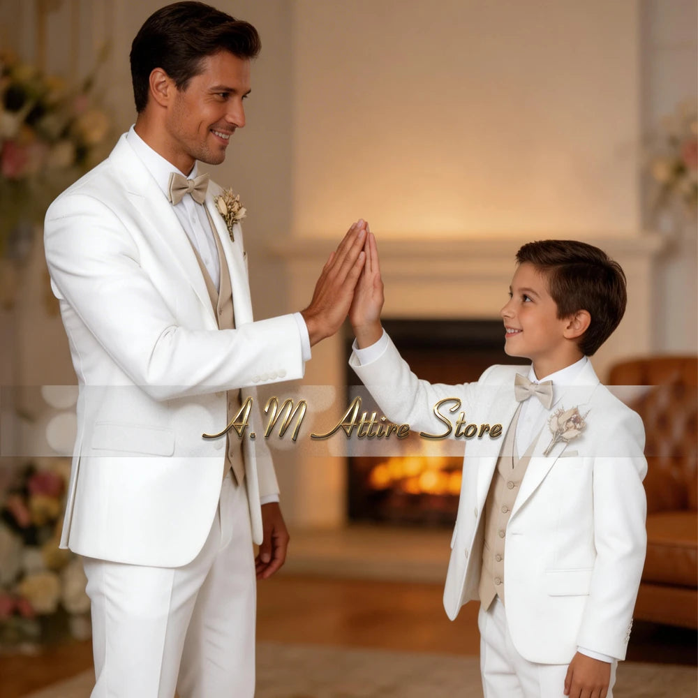 Formal Men's Suit 3pcs White Jacket Pants with Khaki Vest Slim-Fitting Parent-Child Custom Set for Wedding Prom Birthday Party