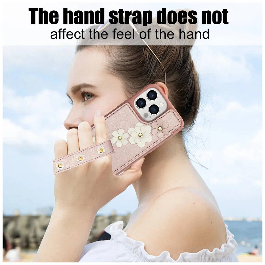 For iPhone 16 15 14 Pro Max Plus Case, Wallet with Card Holder, Cute Flower Design Crossbody Purse, Magnetic Kickstand Cover
