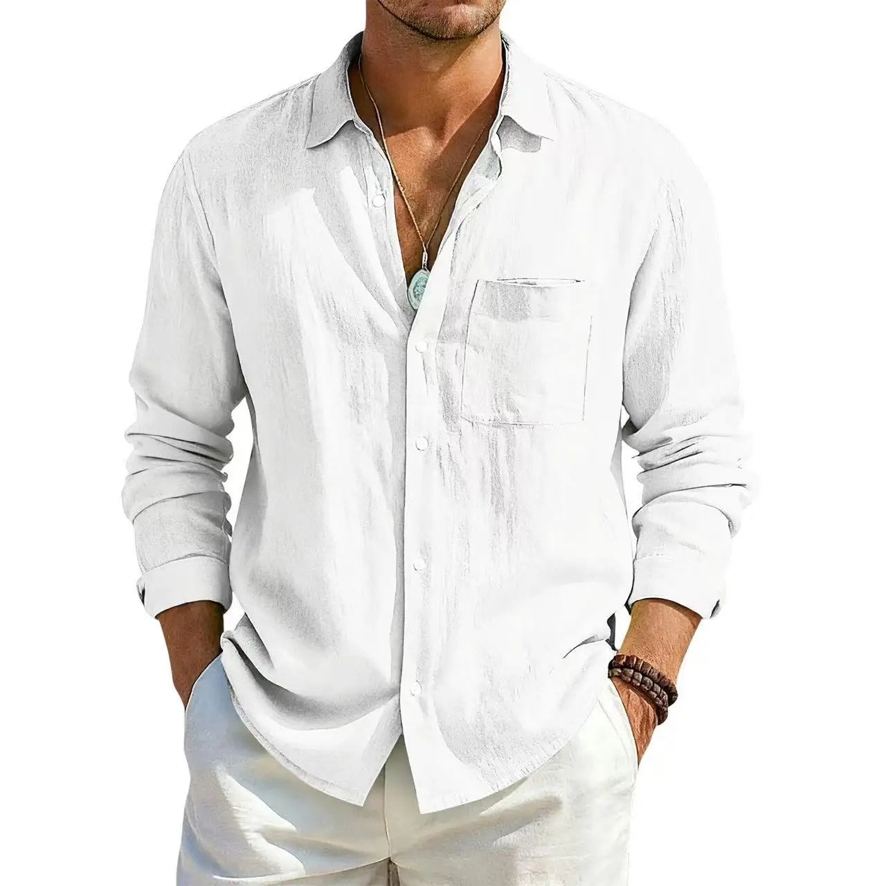 Men's Summer Long Sleeve Shirt Solid Color Loose Cotton Linen Shirt With Pockets Summer Breathable Fashion Casual Shirts for Men