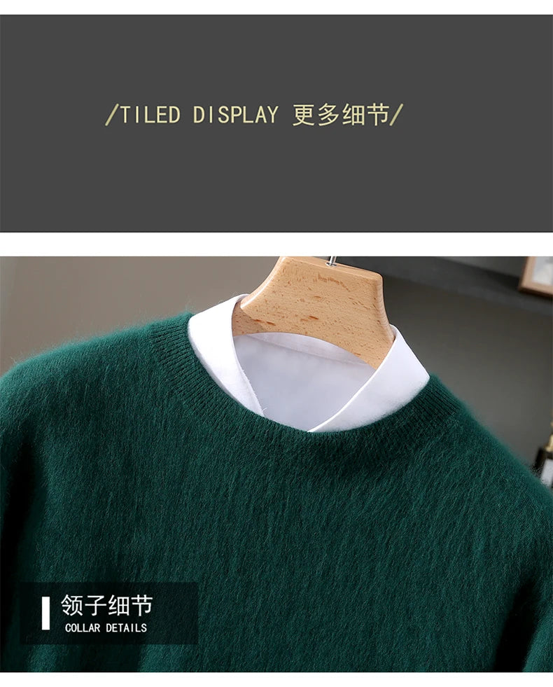 Autumn Winter 100% Mink Cashmere Sweater Men's Round Neck Pullover Loose Solid Color Plus Size Base Knit Business Casual Sweater